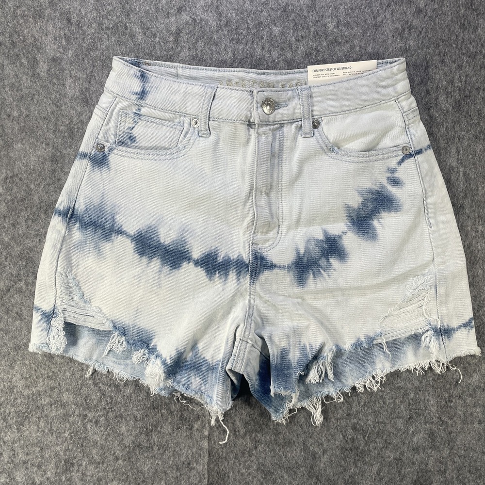 American Eagle Shorts Womens 2 Blue White Tie Dye Distressed Mom High Rise Denim